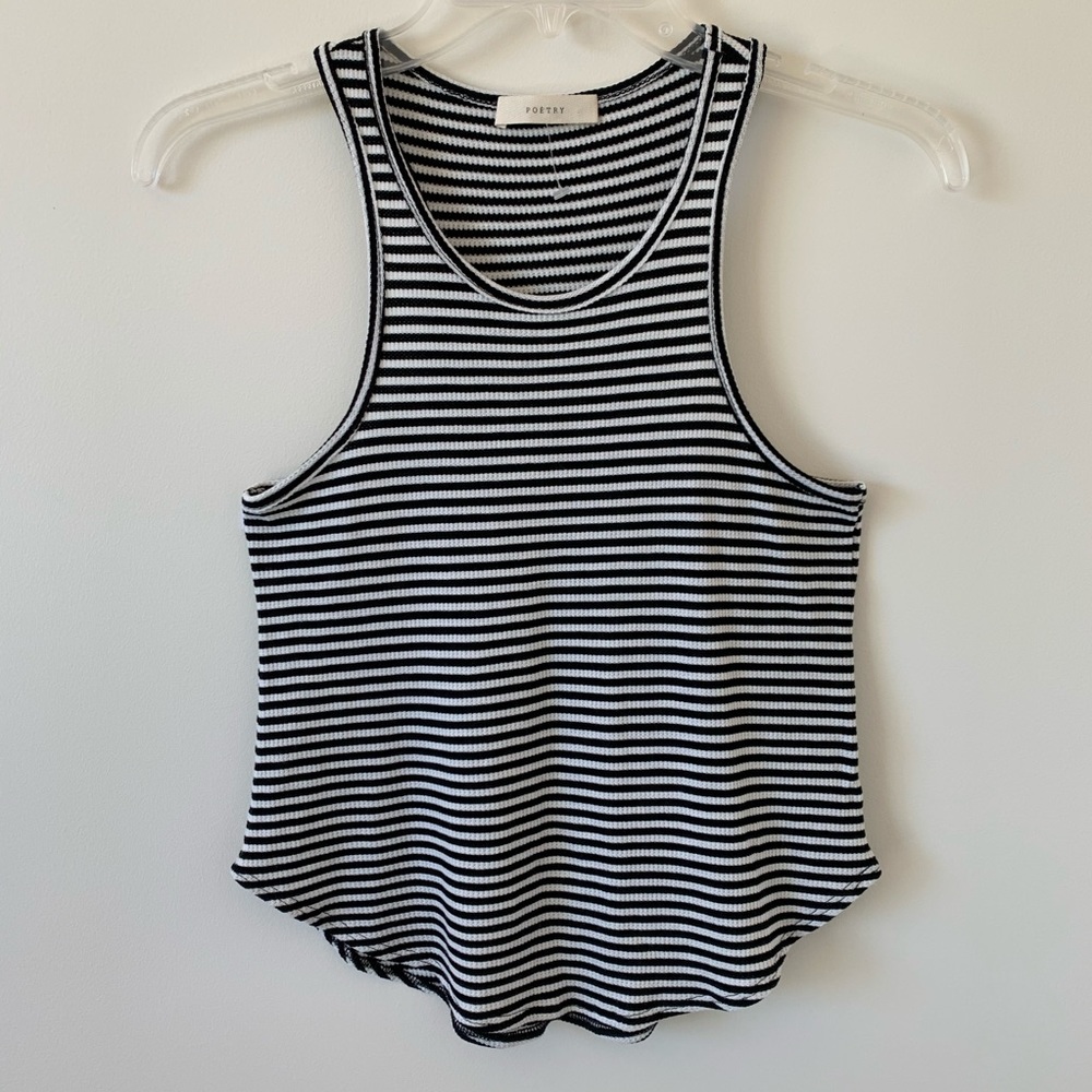 Poetry Striped Black and White High Neckline Flounce Basic Tank Top